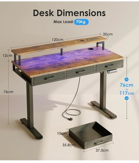 Electric Standing Desk, 120 x 54cm Height Adjustable Desk with 3 Drawers, RGB LED Strip & Charging Station