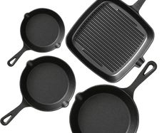 Pre-Seasoned Cast Iron skillets,4 Piece Durable Pots and Pans Set with Handle Covers for Grill, BBQ, Camping Fire, Stovetop, Kitchen and Camping Cookware