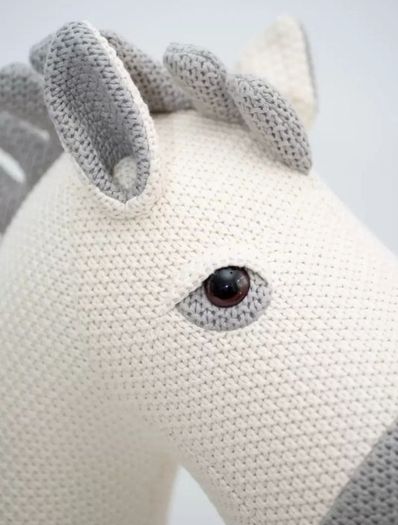 Crochet Plush Pony, Friendship Fabric with Hypoallergenic Cotton Wool, Foam Filling and Wood Texture, Crochet Pony White and Grey