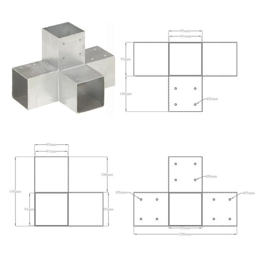 Post Connectors 4 pcs x Shape Galvanised Metal 91 x 91 mm