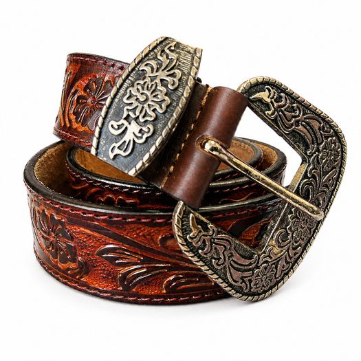 Luxury Handcrafted Genuine Leather Belt Vintage Floral Embossed Brown Leather Casual & Western Style Belt
