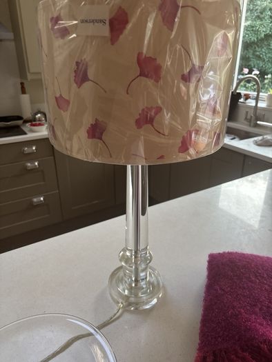 4 pieces- Avoca Mohair Wool Magenta Throw, Jerpoint Pedestal / Footed Bowl, Cut Glass Pillar Lamp with Brand New Sanderson Drum Shade - all are perfect together