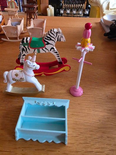 Dolls house furniture for nursery, cradles, highchairs and more