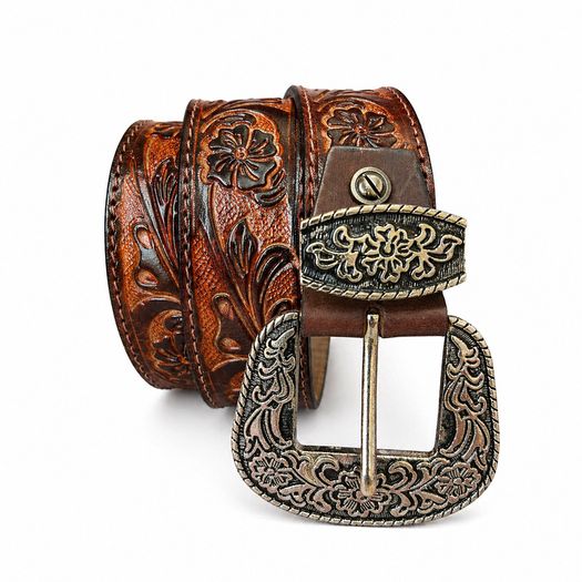 Luxury Handcrafted Genuine Leather Belt Vintage Floral Embossed Brown Leather Casual & Western Style Belt