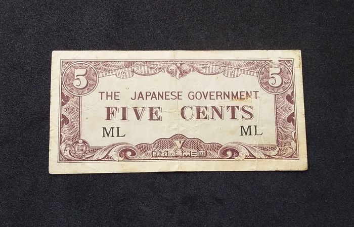 Japanese Occupation Malaya  " 1941 - 1945 "  World War II , 5 Cents Banknote