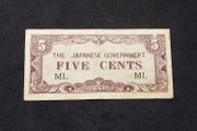 Japanese Occupation Malaya  " 1941 - 1945 "  World War II , 5 Cents Banknote