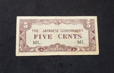 Japanese Occupation Malaya  " 1941 - 1945 "  World War II , 5 Cents Banknote
