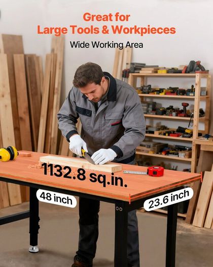 Heavy Duty Adjustable Workbench 680 kg Capacity Oak Wood Top Workbench with 67-102 cm Height Adjustment