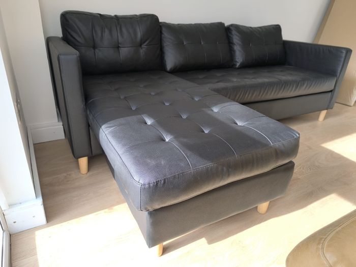 Perfect condition like new sofa couch black leather but faux leather lshaped l-shaped Jysk Sofa FALSLEV chaise longue