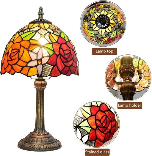 Lamp - Rose Flower Stained Glass Table Lamp 8x8x14 Inches - Rose Flower Style Desk Reading Light - Bedroom & Living Room Decor