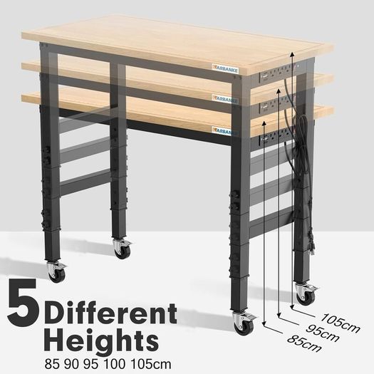 120cm Heavy-Duty Workbench with Adjustable 5 Heights, Rubber Wood Top, 900kg Load Capacity for Workshop, Garage, Office & Home