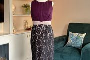 Ladies Sleeveless Pencil Dress Purple Bodice, with Black Floral Lace Skirt from Little Mistress