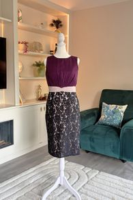 Ladies Sleeveless Pencil Dress Purple Bodice, with Black Floral Lace Skirt from Little Mistress
