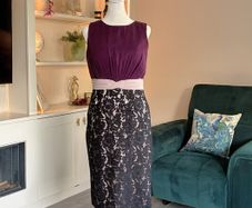 Ladies Sleeveless Pencil Dress Purple Bodice, with Black Floral Lace Skirt from Little Mistress