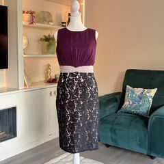 Ladies Sleeveless Pencil Dress Purple Bodice, with Black Floral Lace Skirt from Little Mistress