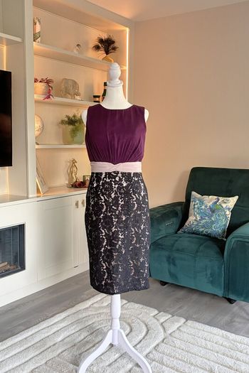 Ladies Sleeveless Pencil Dress Purple Bodice, with Black Floral Lace Skirt from Little Mistress