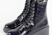 Unisa Navy Leather Patent Biker Boots