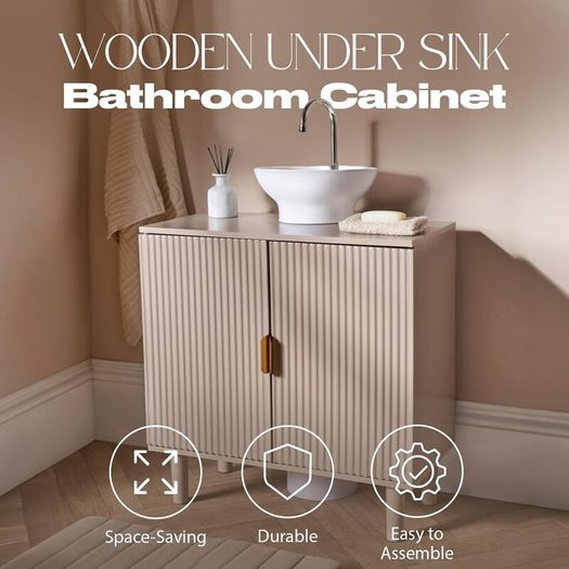 Under Sink Bathroom Cabinet, Free Standing Wooden Under Basin Unit Cupboard Storage Cabinet with 2 Doors & Shelf Bathroom Sink Cabinet with Feet, Taupe