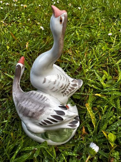 Mid-Century USSR Porcelain Sculpture Two Geese by Dmitry Gorlov Verbilki Export Mark DFZ