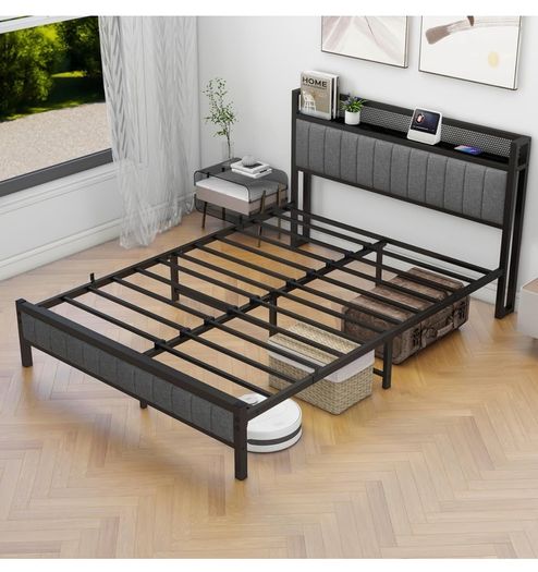 King Size Bed Frame with Storage and Headboard Shelf, Upholstered Bed