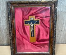 VTG Framed Wooden Crucifix Red Velvet backing Jesus Christ Figure