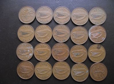 20 Irish 2 pence coins (1971-1996)
