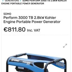 SDMO Perform 3000 TB 2.8kW Kohler Engine Portable Power Generator
