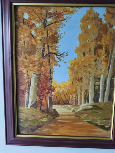 Lovely oil on board of forest land scape singed M Carey.