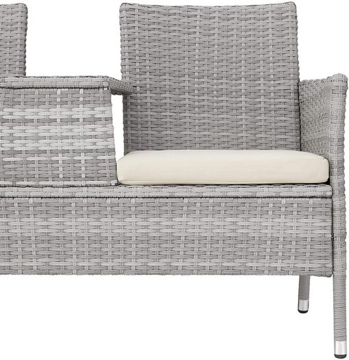 _Polyrattan Garden Bench with Table, 2-Seater, for Garden, Balcony and Patio, Plastic Feet, Garden Bench with Seat Cushion, Grey