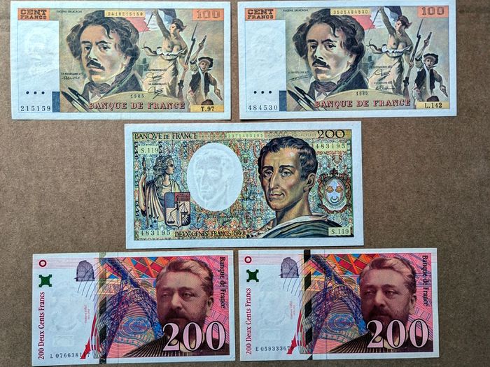 FRANCE - Set of 5 Banknotes: 100 200 Francs 1985-1999 P 154 155 159 (XF-AU)