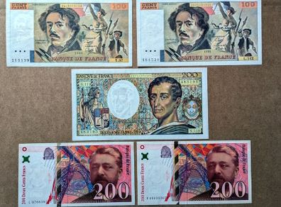 FRANCE - Set of 5 Banknotes: 100 200 Francs 1985-1999 P 154 155 159 (XF-AU)