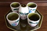 Vintage 1960s/70s  Dark Green ceramic egg cups and salt cellar with tray