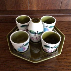 Vintage 1960s/70s  Dark Green ceramic egg cups and salt cellar with tray