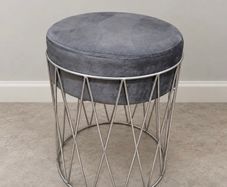 New Grey Upholstered Stool with Silver Metal Base