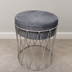 New Grey Upholstered Stool with Silver Metal Base
