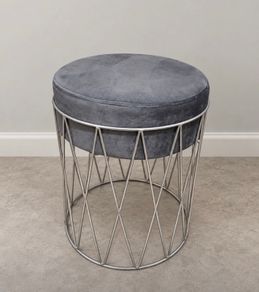 New Grey Upholstered Stool with Silver Metal Base