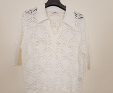 Suncoo Cream Off-White Crochet Knit Short Sleeve Polo Shirt Pointelle Top T3/12UK/40EU