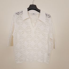Suncoo Cream Off-White Crochet Knit Short Sleeve Polo Shirt Pointelle Top T3/12UK/40EU