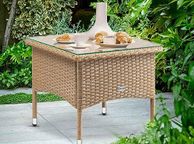 main image for ad Polyrattan Side Table 50 x 50 x 45 cm Height Adjustable 5 mm Safety Glass Weatherproof 80 kg Load Capacity Garden Table Balcony Table Tea Table Outdoor Cream