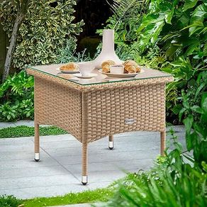 Polyrattan Side Table 50 x 50 x 45 cm Height Adjustable 5 mm Safety Glass Weatherproof 80 kg Load Capacity Garden Table Balcony Table Tea Table Outdoor Cream