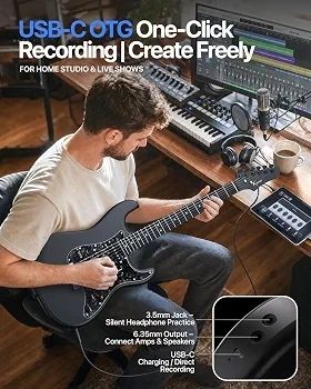 Smart Electric Guitar with Built-in DSP Effects, 4 Presets, USB-C OTG Recording, Headphone Output, Alnico Pickups w/Coil Split, Carbon Fiber Body, Gig Bag, Strap, Cable & Picks