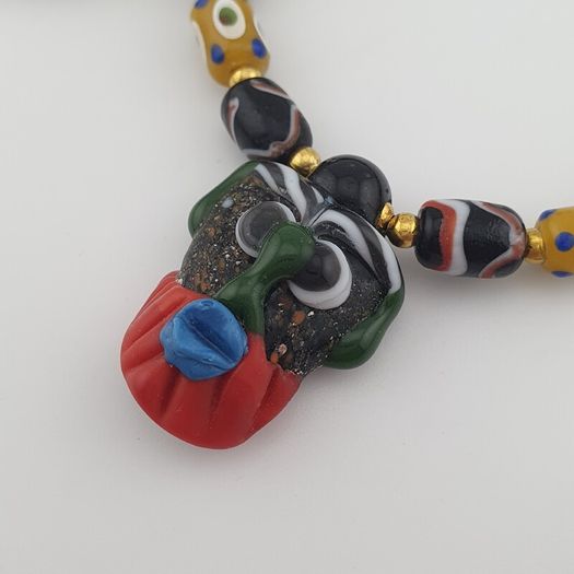 Vintage Venetian style Eyes Glass & Old Face Pendant Glass Beads Necklace