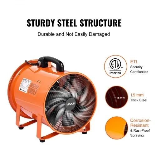 300mm Portable Ventilator, 2 Speed 2894CFM High-Velocity Industrial Utility Blower Fan with 10m Flexible Duct Hose, Exhaust Axial Fan for Basements, Workshops, Warehouses, Orange