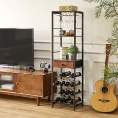 Wine Rack Freestanding Floor, Bar Cabinet,Coffee Bar Cabinet 4-Tier Wood bar Cabinet,Glass Holder and Storage Drawer for Home Bar Kitchen Living Room,Brown