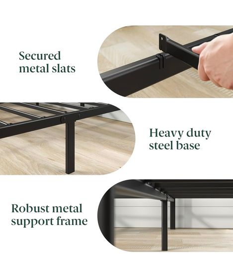 Double Bed Frame with Headboard - 4ft6 (135 x 190 cm) - 14'' Height - Metal Bed Base with Footboard - Steel Slat Support - Easy Assembly - Black