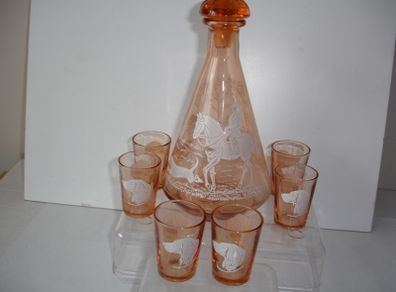 Vintage Pink Glass Barware Decanter/6 shot Glasses circa 1950s