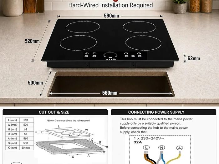 Induction Hob 60cm, 4 Zone Electric Cooktop, 7000W Built In Hob, Hardwired Installation No Plug, Touch Control, Booster, Timer, Child Lock, Auto Shut-Off, Black Glass  Star Burst Zone Design