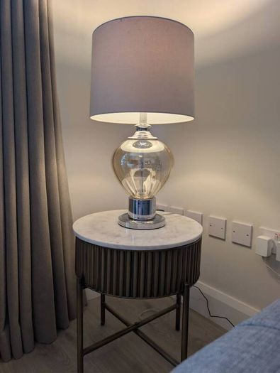 Pair of Glass & Chrome Table Lamps with Grey Shades