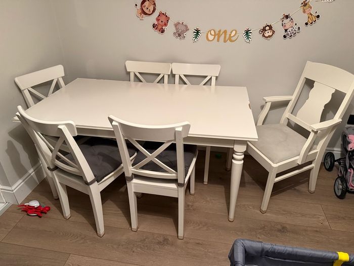 INGATORP Extendable table, white and 6 chairs