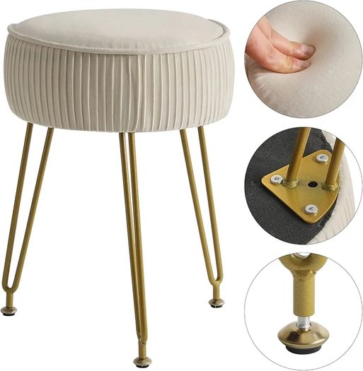 Velvet Round Footrest, Makeup Vanity Stool, Side Table, Pouf Couch Seat, Golden Steel Legs, Creamy-White L/G-30M